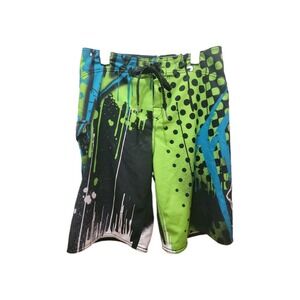 Fox Boardshorts Men 34 Swim Surf Shorts Drawstring Green Black Blue Activewear